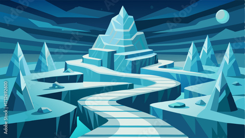 An otherworldly scene of icebergs stacked upon each other creating a maze of frozen pathways to explore.