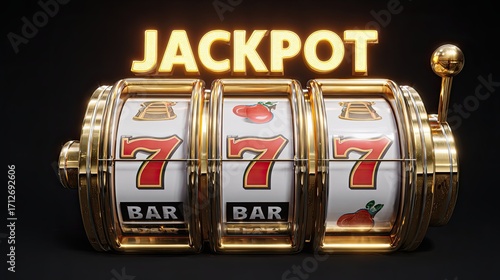 Golden slot machine with jackpot win showing three sevens and shining bright lights on black background
