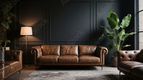Modern living room with brown leather sofas, dark panel walls, and indoor plants