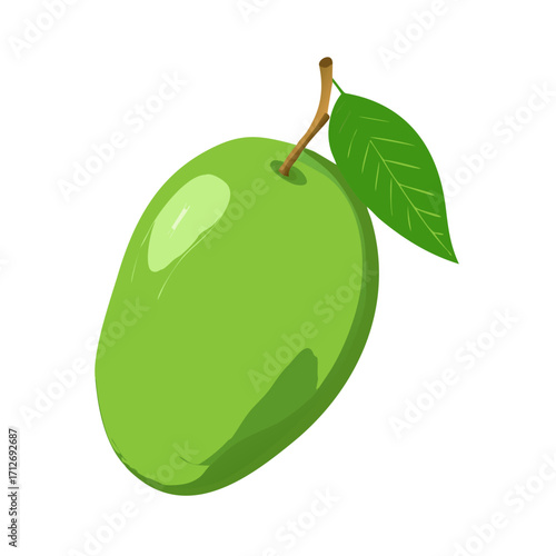 Green mango fruit with leaf isolated on transparent background