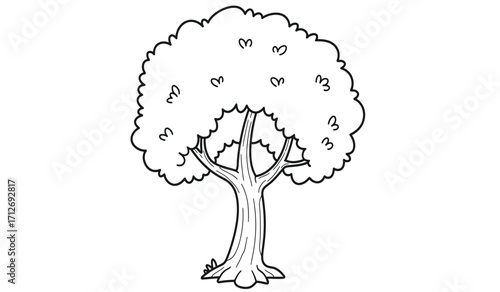 Stylized line art tree with detailed trunk and leafy canopy for nature and outdoor projects isolated on white background