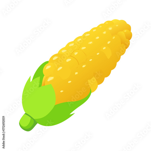 Illustration of a ripe corn cob with green leaves isolated on transparent background
