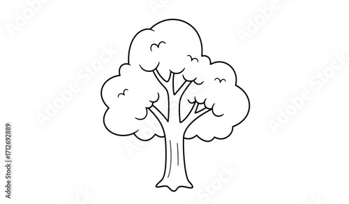 Outline drawing of a deciduous tree with a full canopy showcasing its natural silhouette and branched structure perfect for creative projects and educational materials isolated on white background