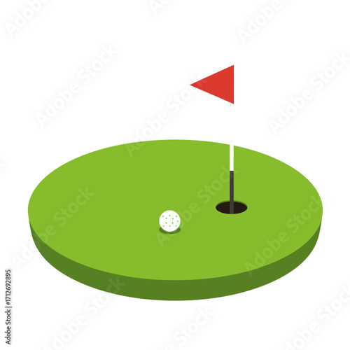 Golf hole with flag and ball isometric view clean icon golfing sport concept isolated on white background