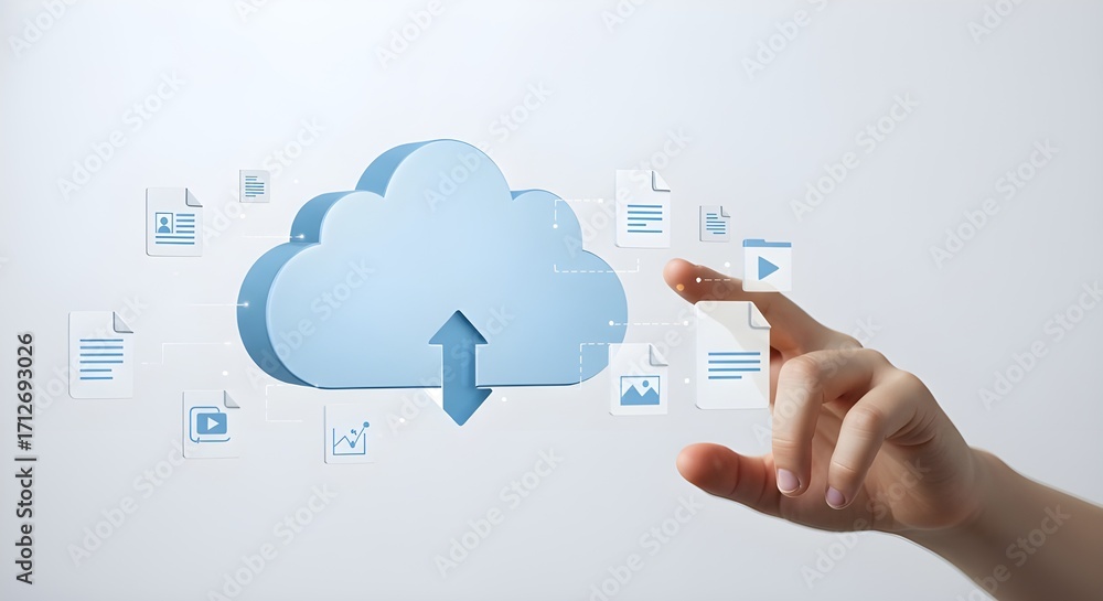 Fototapeta premium Cloud computing concept with hand touching file on white background