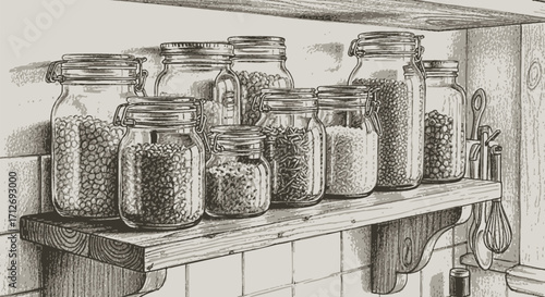 Glass jars filled with lentils, grains, and seeds on a shelf