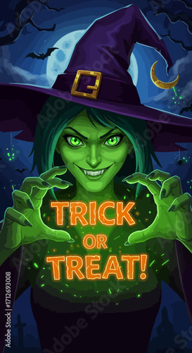 A mischievous green-skinned witch in a purple hat conjures a glowing "Trick or Treat!" spell on a spooky Halloween night.