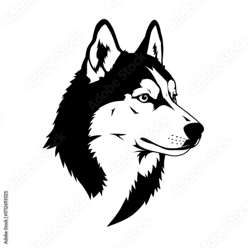 Striking husky dog head silhouette in black and white majestic canine portrait art isolated on white background