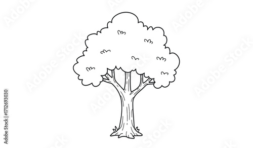 Simple line drawing of a lush green tree with a thick trunk and full canopy for nature and ecology designs isolated on white background