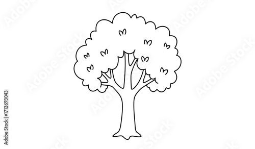 Simple outline drawing of a lush green tree with detailed leaves and branches for natural scene creation and educational purposes isolated on white background