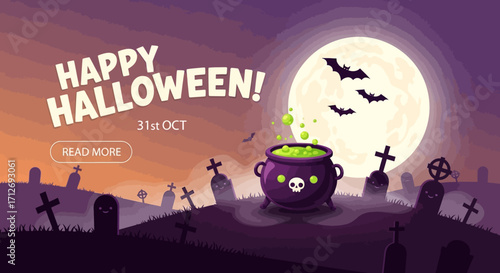 A spooky Halloween night illustration featuring a bubbling cauldron, flying bats, and a graveyard under a full moon with "Happy Halloween!" text.