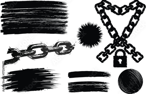 Chain, padlock, lock, brush, round brush, on white background for creative design and urban art design. Vector illustration. Eps 10
