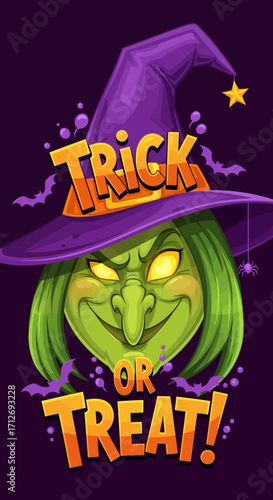 A cartoon illustration of a green-faced witch wearing a purple hat with "TRICK" and "OR TREAT!" for Halloween.