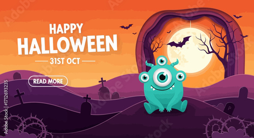 Halloween banner featuring a cute, three-eyed monster sitting in a graveyard under a full moon with bats flying, wishing "Happy Halloween" on October 31st.