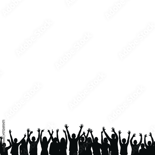 Silhouette of cheerful crowd celebrating with hands raised jubilantly isolated on white background