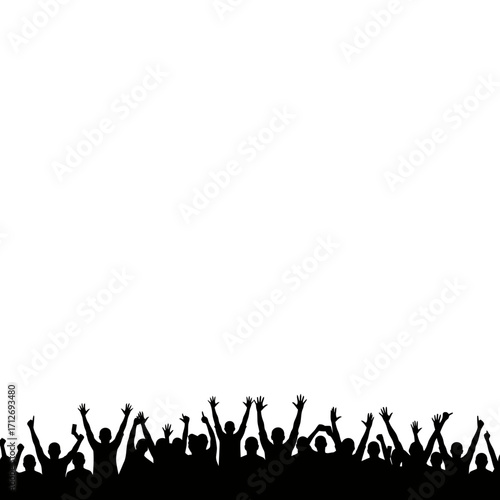 Silhouette of an excited crowd with arms raised jubilantly celebrating a vibrant event isolated on white background