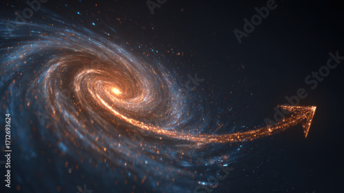 Glowing spiral galaxy, cosmic arrow, space dust, nebula swirl guide forward