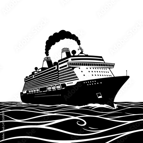 Majestic cruise ship sailing through wavy seas emitting smoke isolated on white background