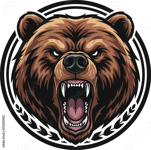 Ngry grizzly bear head with open mouth, teeth, and circle frame