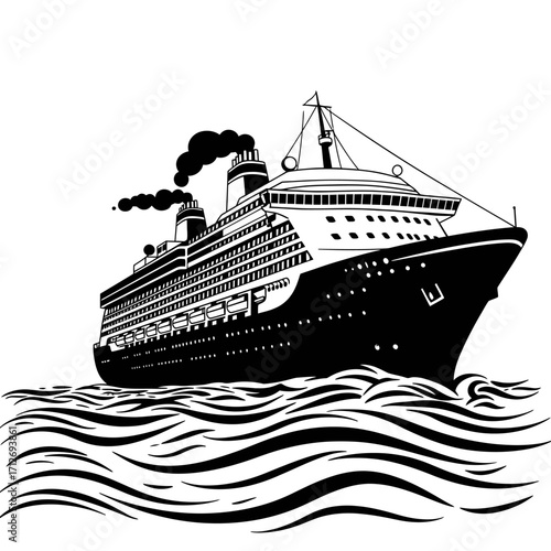 Grand ocean liner sailing through wavy waters black and white artistic rendering isolated on white background