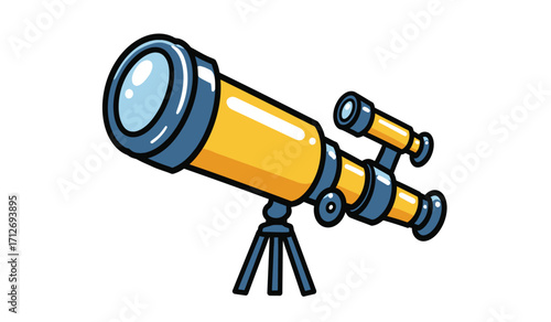 Classic yellow telescope with tripod for astronomy exploration and scientific discovery viewing celestial objects high resolution isolated on white background