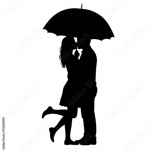 Romantic couple silhouette kissing under umbrella love romance togetherness embrace passionate isolated on white background