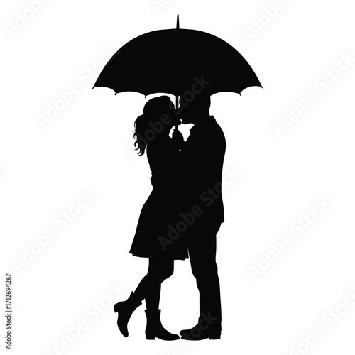 Romantic silhouette of couple kissing under an umbrella capturing a timeless moment isolated on white background