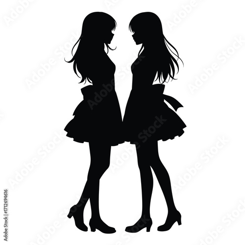 Silhouette of two anime girls facing each other wearing dresses and heels awaiting interaction isolated on white background