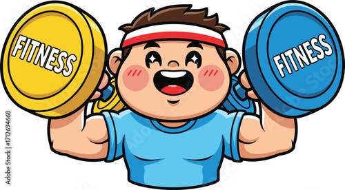 Happy cartoon character lifting weights with fitness written on them