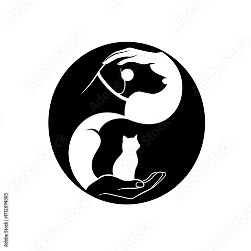 Yin yang symbol with dog cat heads and human hands representing harmony and care isolated on white background