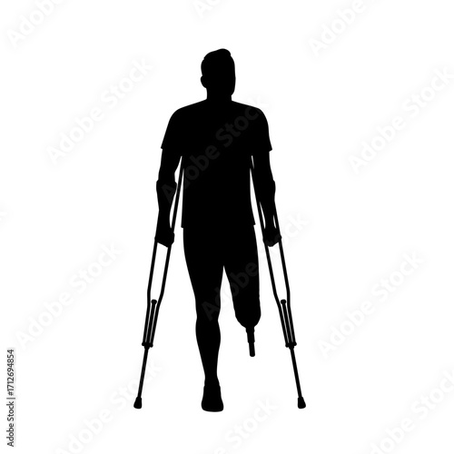 Silhouette of a person with a prosthetic leg walking with crutches for support isolated on white background