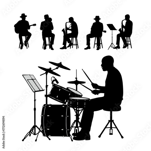 Silhouette musicians playing instruments jazz band performance festive music ensemble graphic isolated on white background