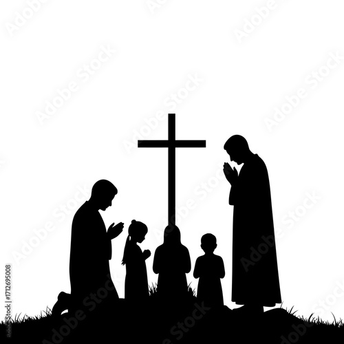Faithful family silhouette praying together around a cross symbol of christianity and hope isolated on white background