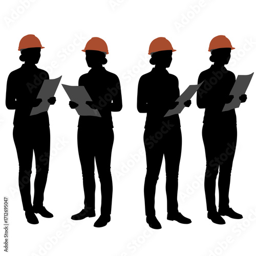 Four silhouetted construction workers with hard hats and plans discussing project details together isolated on white background