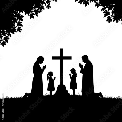 Family silhouette praying together at a cross under tree silhouette for religious serenity isolated on white background