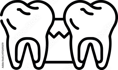 Vector art of two molar teeth with a jagged gap between them, black and white illustration design