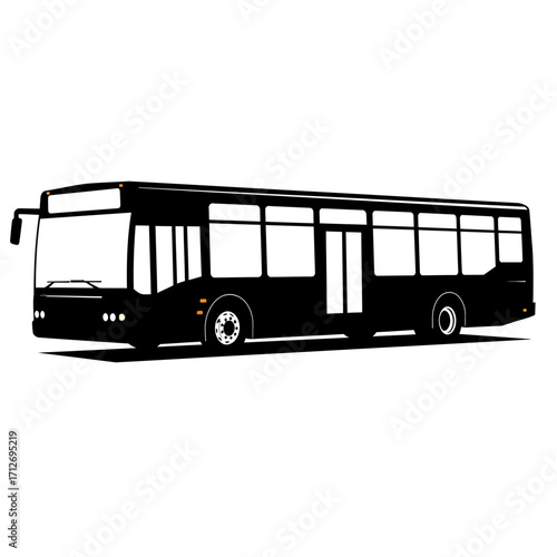 Modern city public transport bus silhouette side view black and white graphic isolated on white background