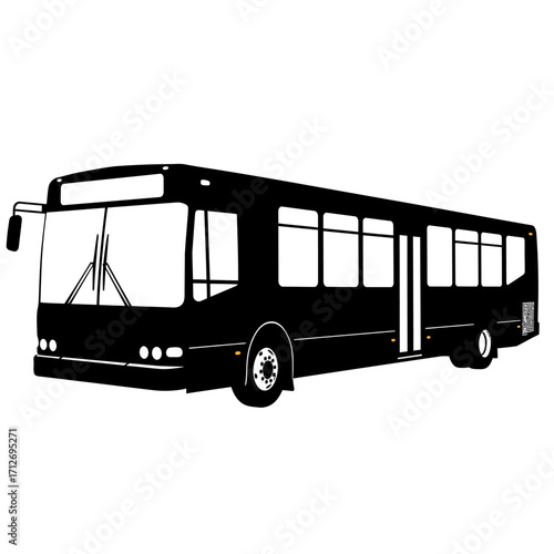 Detailed silhouette of a modern city transit bus with multiple doors and windows isolated on white background