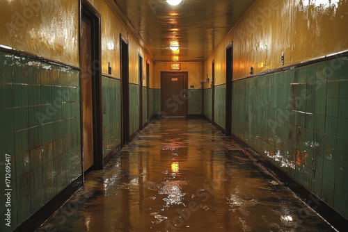 A long hallway with green lockers and a light at the end.
