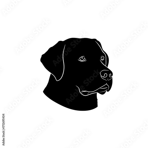 Silhouette head of a black labrador dog facing right profile minimalist art isolated on white background