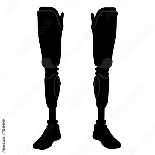 Pair of black prosthetic legs with advanced technology detailed design for mobility and rehabilitation isolated on white background