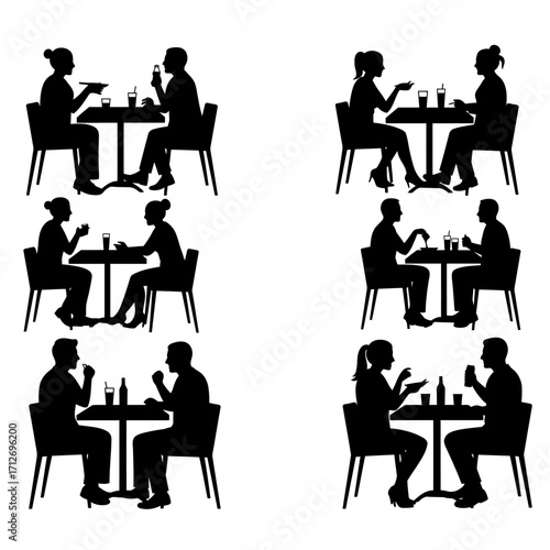 Silhouettes of couples dining together at tables outdoors enjoying food and drinks evening ambiance isolated on white background