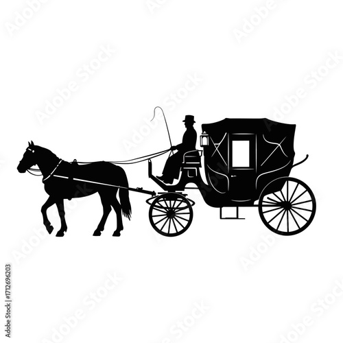 Elegant horse-drawn carriage with driver and passenger silhouette isolated on white background