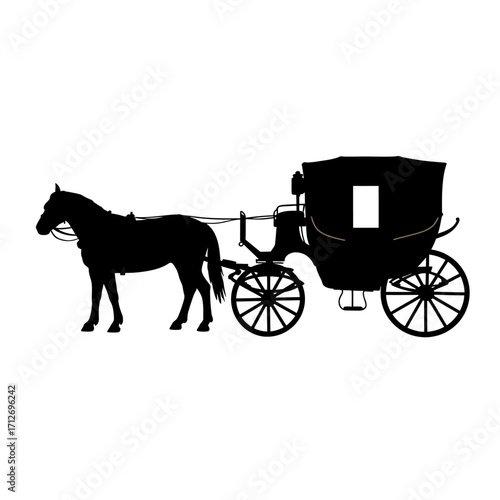 Silhouette of a horse pulling a vintage carriage with spoked wheels and detailed body on a isolated on white background