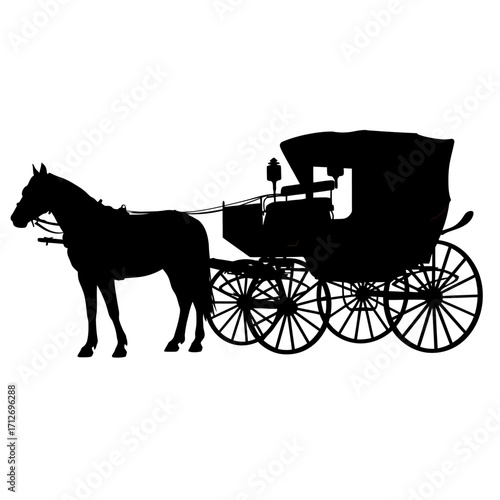 Silhouette of a horse pulling a vintage carriage silhouette for historical and travel themes isolated on white background