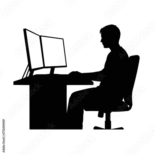 Silhouette of a person working at a desk with dual computer monitors and a keyboard isolated on white background