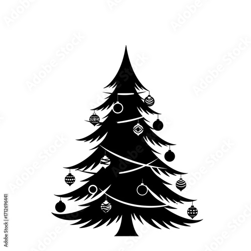 Stylized black christmas tree with ornaments and star topper festive holiday decoration graphic isolated on white background