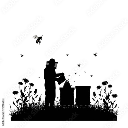 Beekeeper tending to hives amidst blooming flowers and flying bees silhouetted scene isolated on white background