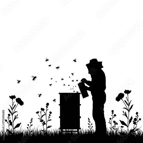 Beekeeper silhouette tending hive among wildflowers and flying bees atop hillside meadow isolated on white background
