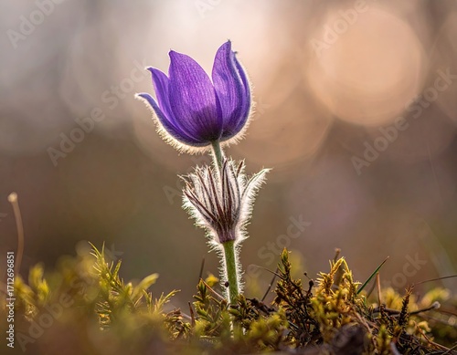 Purple Pasqueflower Blossom in Morning Light on Mossy Ground